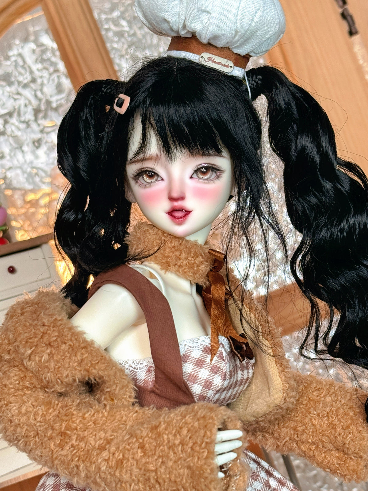 MDollSchool Lucia 1/4 MSD BJD doll with black pigtails, chef hat, and brown faux fur coat