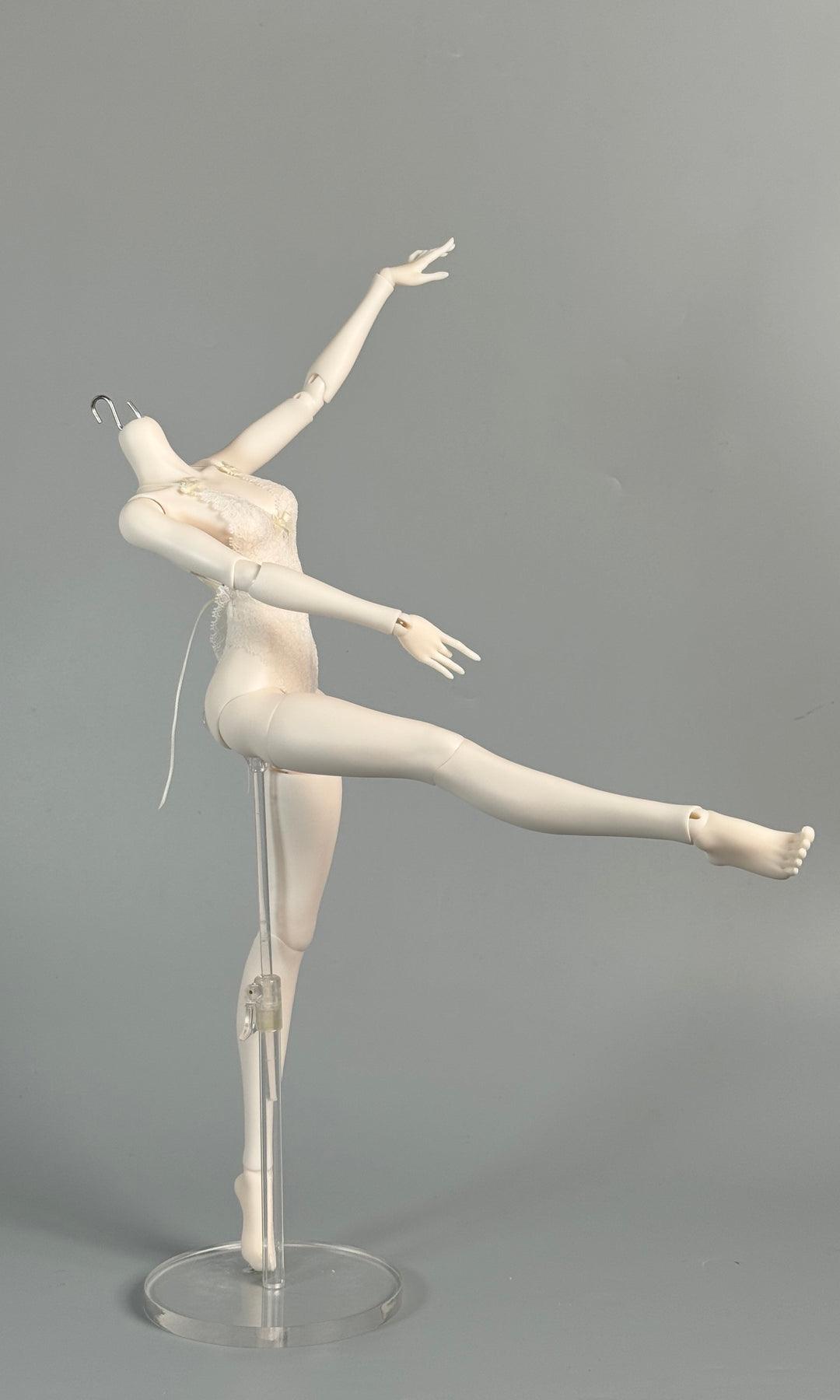 MDollSchool G02 Female MSD 1/4 BJD doll body in a dynamic ballet pose on a clear stand