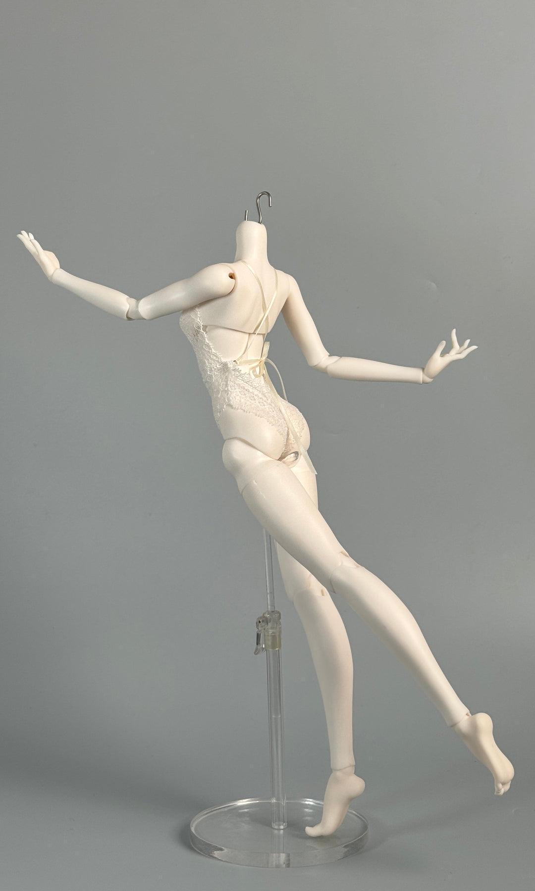 MDollSchool G02 1/4 scale BJD female body in white lace lingerie on a clear stand