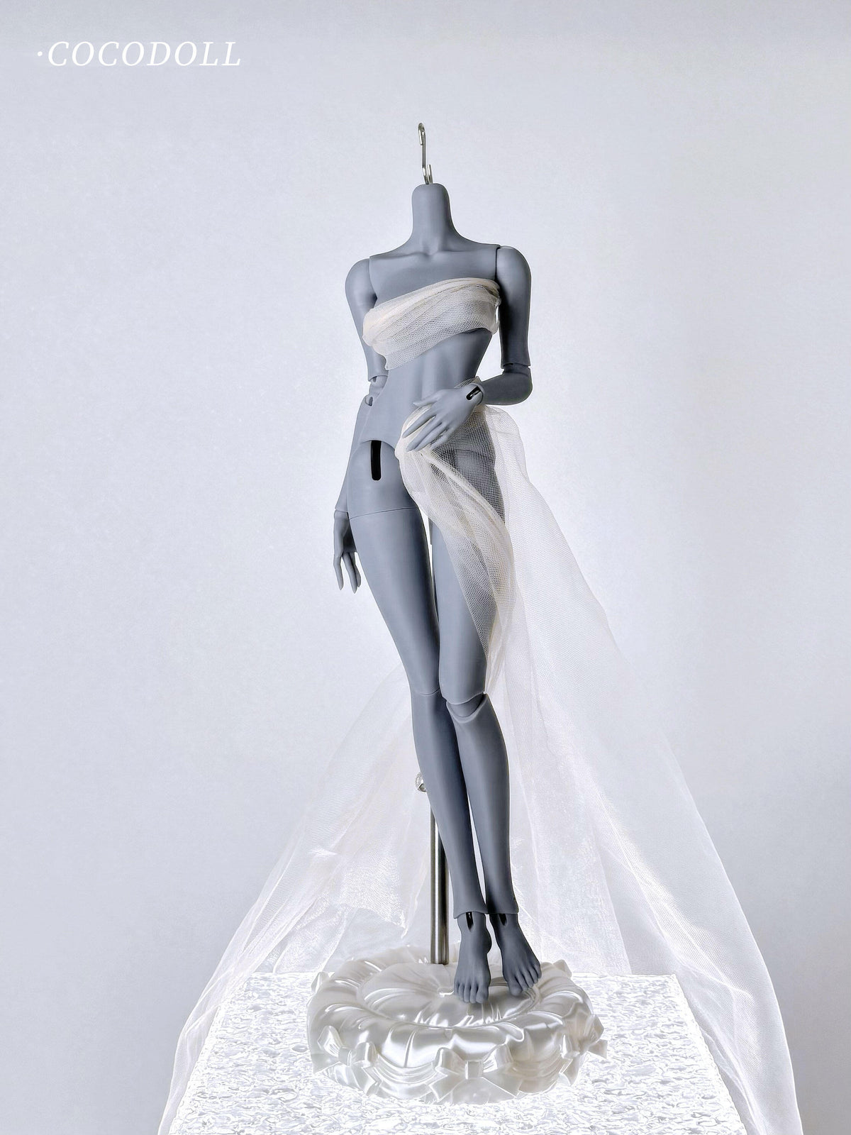 CocoDoll White Choco 1/4 scale PVC doll body in grey with sheer white fabric draping