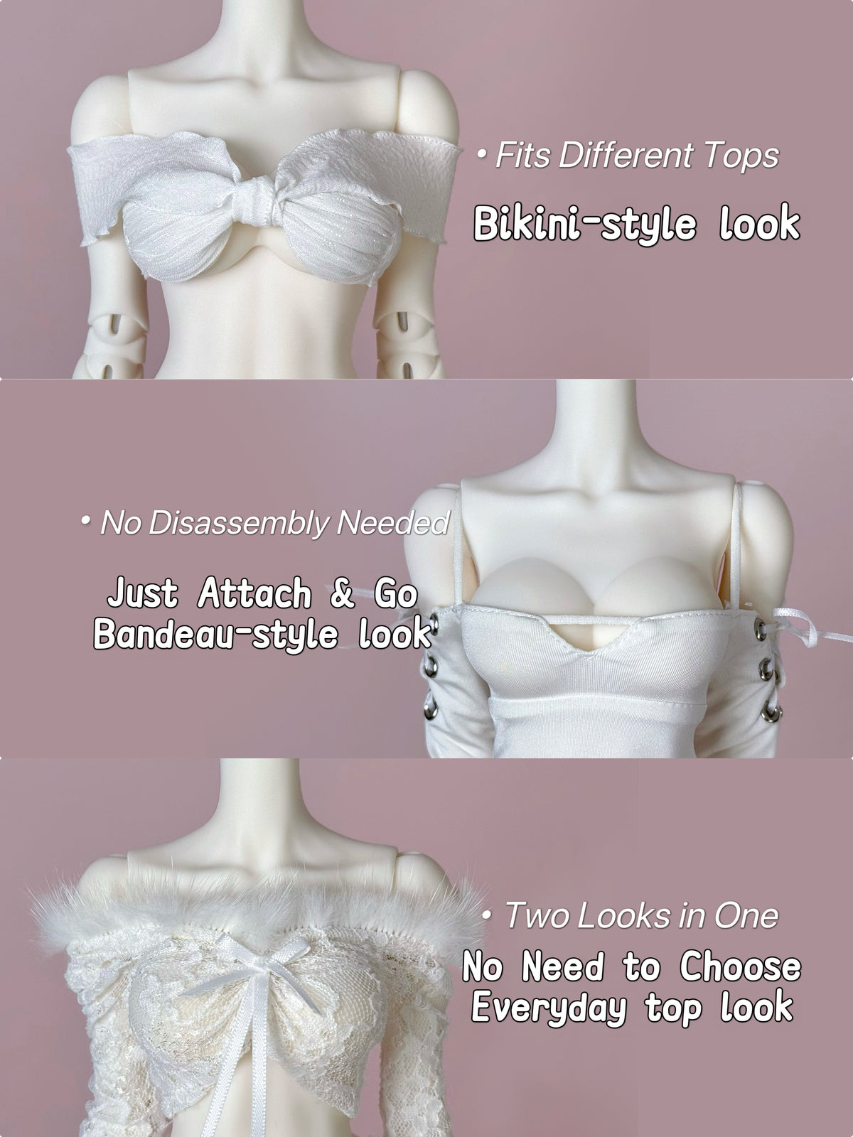 cocodollbjd 1/4 scale doll wearing three different white top styles: bikini, bandeau, and off-shoulder.