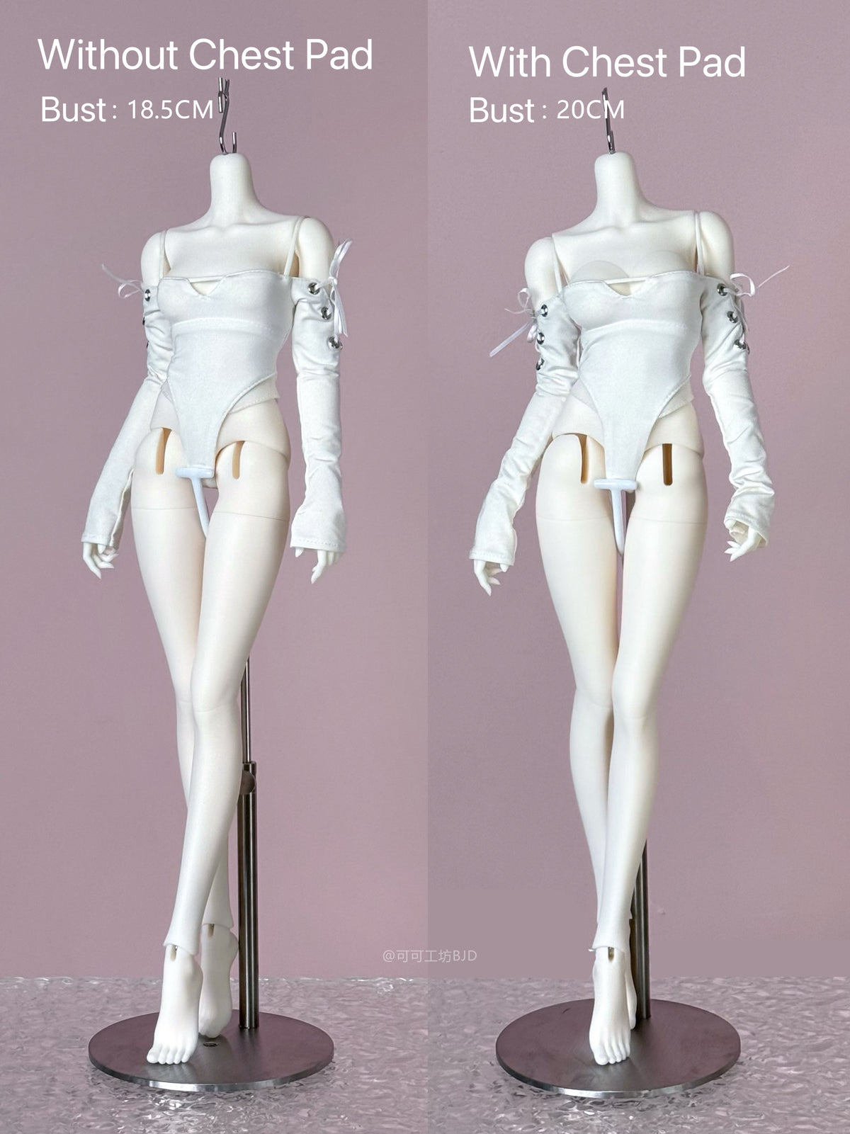 Comparison of cocodollbjd 1/4 scale PVC body with and without chest pads.