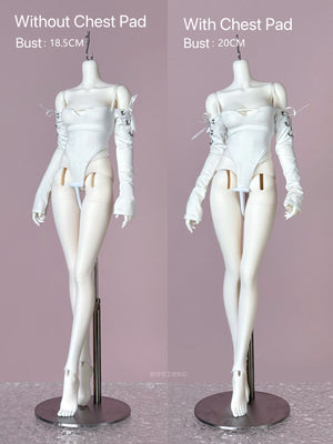 Comparison of cocodollbjd 1/4 scale PVC body with and without chest pads.
