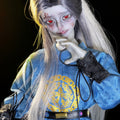 Muhan Abe Fullset BJD doll with red eyes and long silver hair in a blue traditional outfit