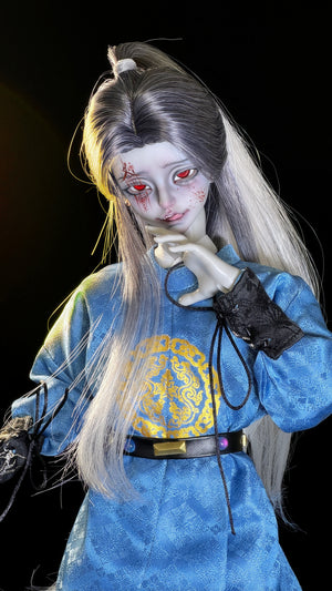 Muhan Abe Fullset BJD doll with red eyes and long silver hair in a blue traditional outfit