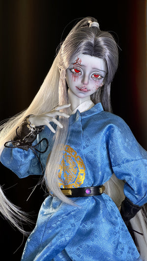 Muhan Abe Fullset 1/4 MSD BJD doll in blue traditional attire with long silver hair