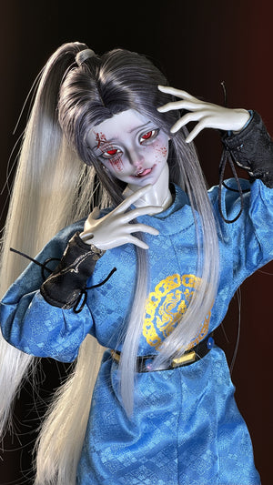 Muhan Abe Fullset BJD MSD 1/4 doll in blue traditional dress with long silver hair.