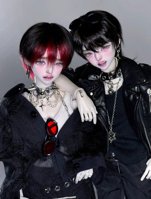 Two MDollSchool Bao BJD 1/4 scale dolls in gothic punk fashion with black leather jackets.