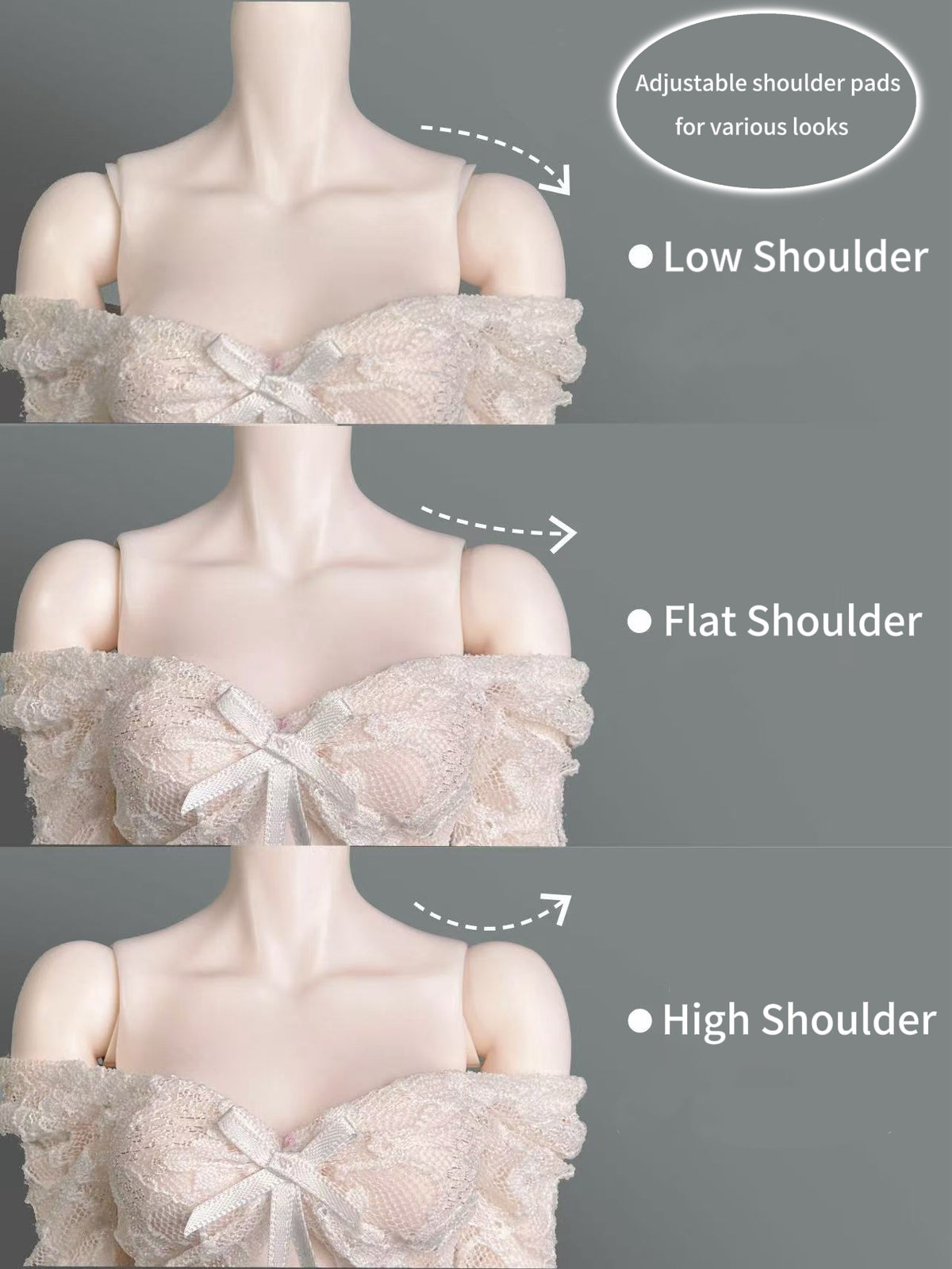 Comparison of Low, Flat, and High shoulder pad options for MDollSchool 1/4 BJD doll body.