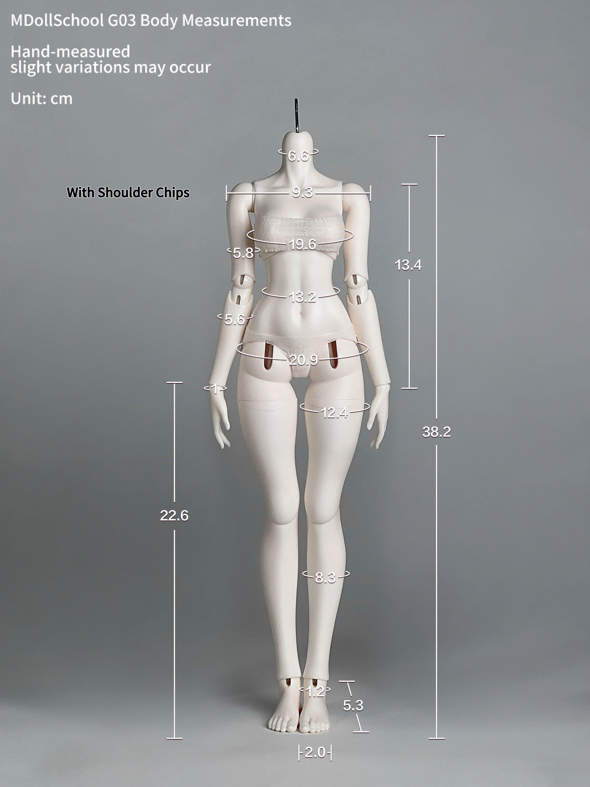 Measurement chart for MDollSchool 1/4 BJD Doll Body G03 MSD resin body in cm.