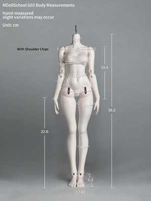 Measurement chart for MDollSchool 1/4 BJD Doll Body G03 MSD resin body in cm.