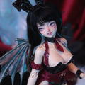MDollSchool 1/4 BJD doll with dragon wings, bunny ears, and a red and black gothic outfit.