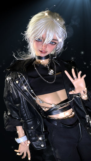 Muhan Abe BJD MSD 1/4 doll head with white hair and a black leather biker outfit