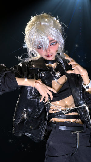 Muhan Abe BJD MSD 1/4 head with white hair, leather jacket, and silver accessories.