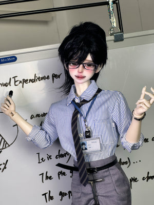 Muhan Abe BJD 1/4 scale doll head in glasses and a blue striped shirt standing by a whiteboard