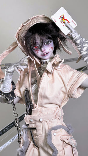 Muhan Abe BJD 1/4 scale doll head with gothic makeup, pink outfit, and handcuffs.