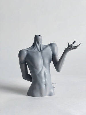 Grey MDollSchool 1/4 BJD doll bust with male torso and one arm extended