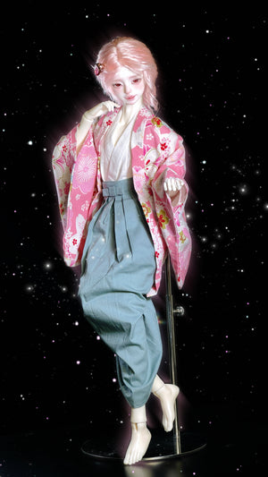 Muhan Abe Fullset MSD 1/4 BJD doll with pink hair, floral kimono, and grey trousers.
