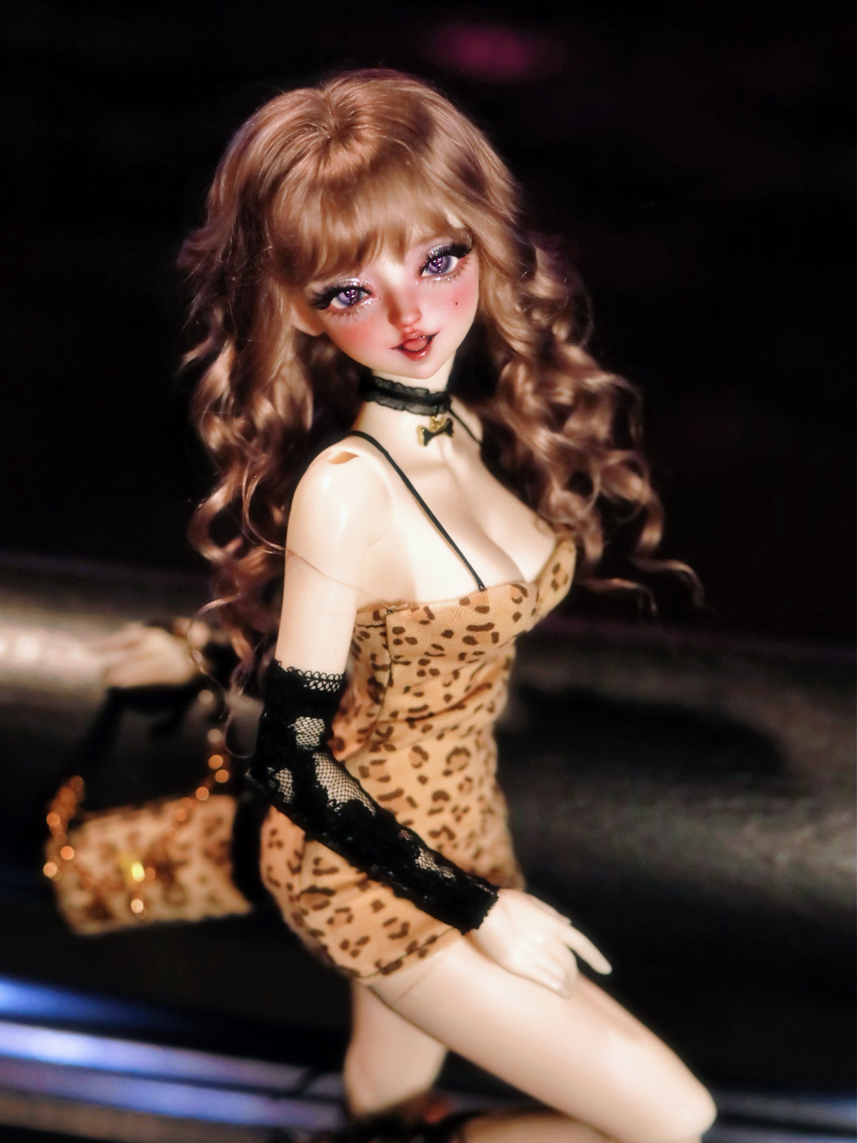MDollSchool Lucia 1/4 MSD BJD doll with brown curly hair and leopard print dress