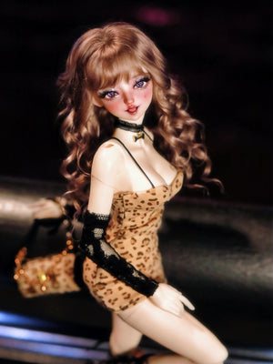 MDollSchool Lucia 1/4 MSD BJD doll with brown curly hair and leopard print dress