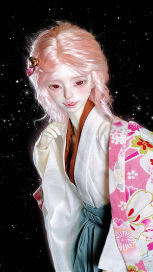 Muhan Abe Fullset BJD doll with pink hair wearing a white and floral kimono