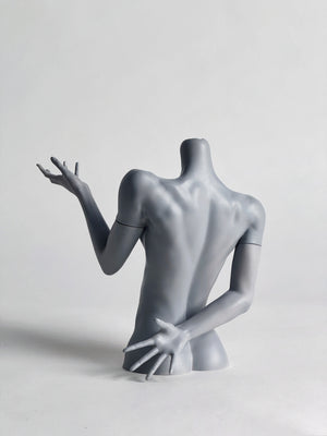 Back view of a grey MDollSchool 1/4 BJD doll bust with articulated arms.