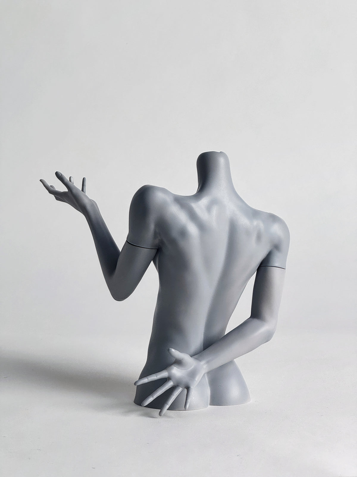 Back view of a grey MDollSchool 1/4 BJD doll bust with articulated arms.