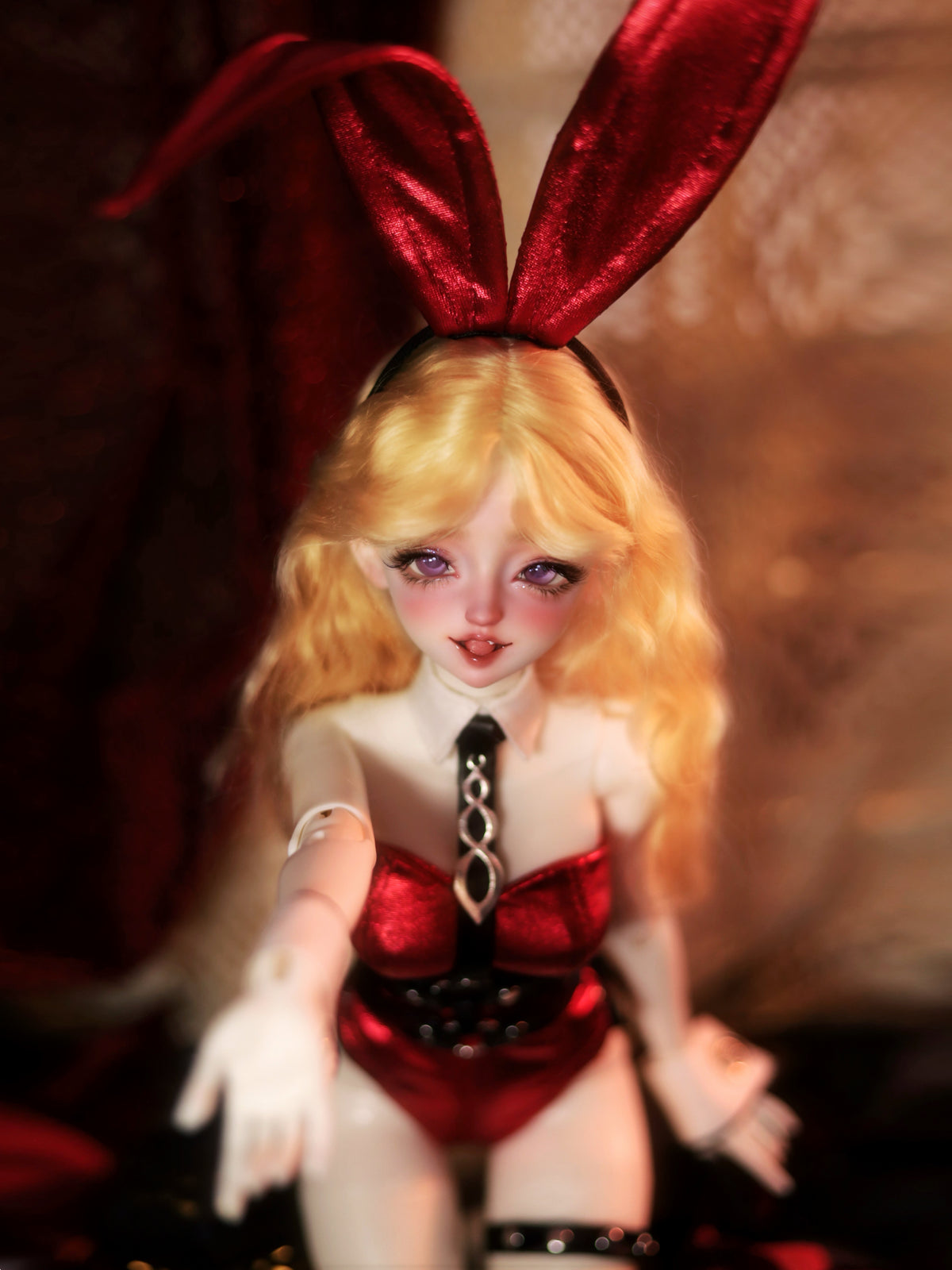MDollSchool Lucia BJD 1/4 MSD doll with blonde hair, red bunny ears and red outfit