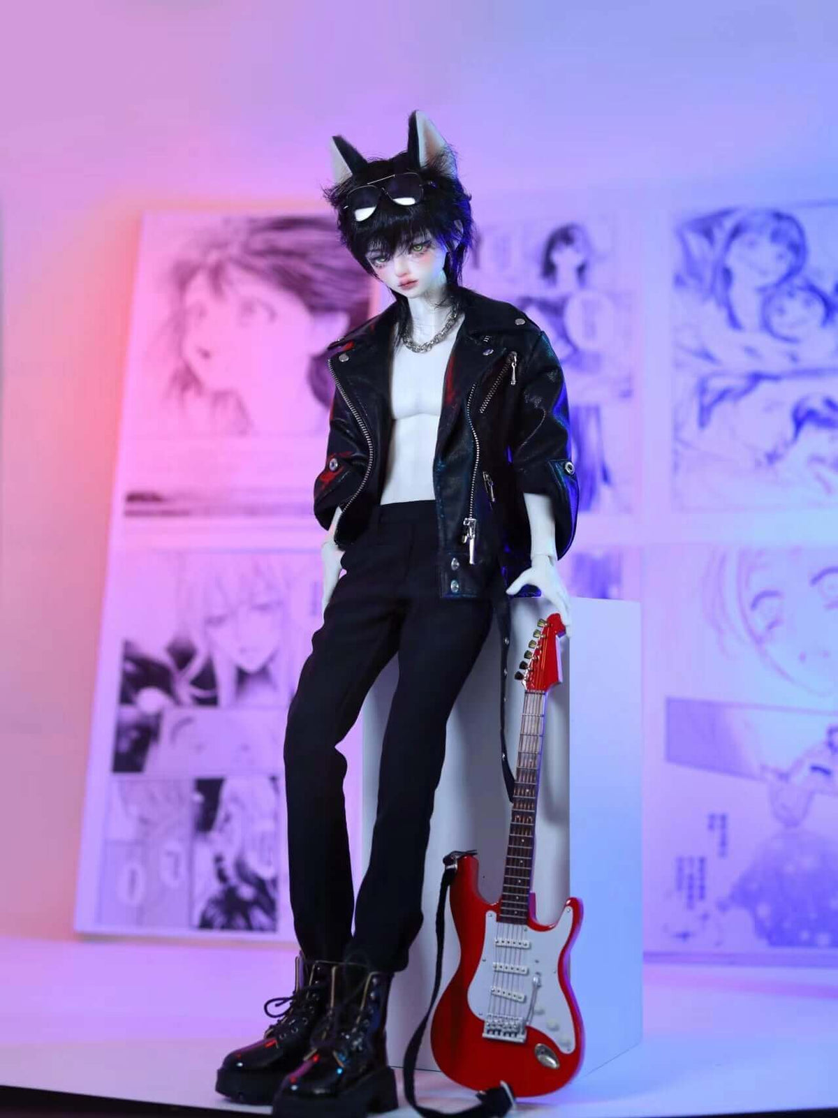 MDollSchool Alpha BJD doll in a black leather jacket and pants with a red electric guitar