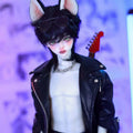 MDollSchool Alpha BJD doll in a black leather jacket with cat ears and sunglasses