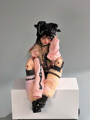 MDollSchool KiKi BJD 1/4 head on doll wearing a pink goth outfit and black bat beanie