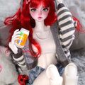 MDollSchool KiKi BJD 1/4 doll with red hair wearing headphones and a striped cardigan