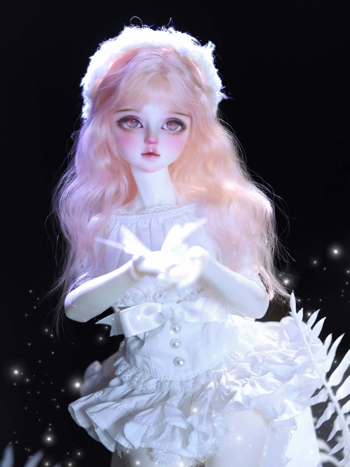 MDollSchool KiKi BJD head MSD 1/4 doll with pink hair in white lace dress