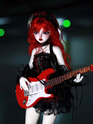 MDollSchool KiKi BJD doll with red hair in a gothic black dress playing a red electric guitar