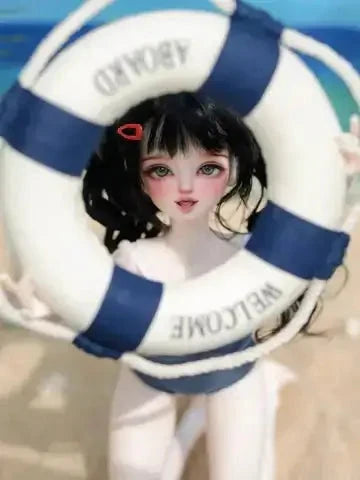 MDollSchool KiKi and Lucia 1/4 MSD BJD doll head with black hair and a white lifebuoy