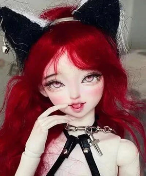 MDollSchool 1/4 MSD doll head with red hair, cat ears, and gothic faceup
