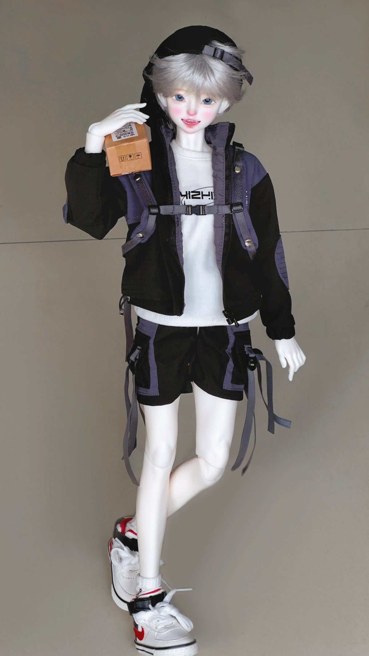 MDollSchool Puppy & Little Wolf 1/4 BJD doll in a black techwear outfit and white sneakers